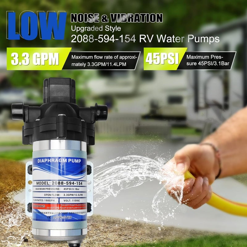 Etespie Industrial Diaphragm Water Pump 2088-594-154, 198GPH, 115V AC, 1/2in, Portable Electric Utility Water Pump 45PSI/3.1Bar, 3.3GPM/11.4LPM, Fit for Beverage and Water Applications, Water Pressure - Image 2